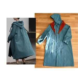 Retro Peacock Green Hooded Midi Trench Coat - Tech Canvas - Size M